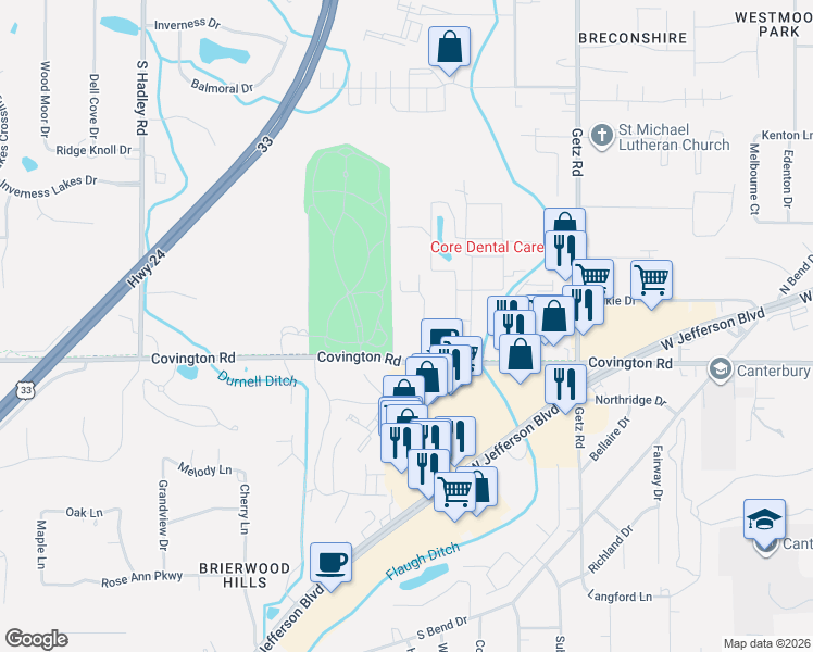 map of restaurants, bars, coffee shops, grocery stores, and more near 2601 Covington Commons Drive in Fort Wayne