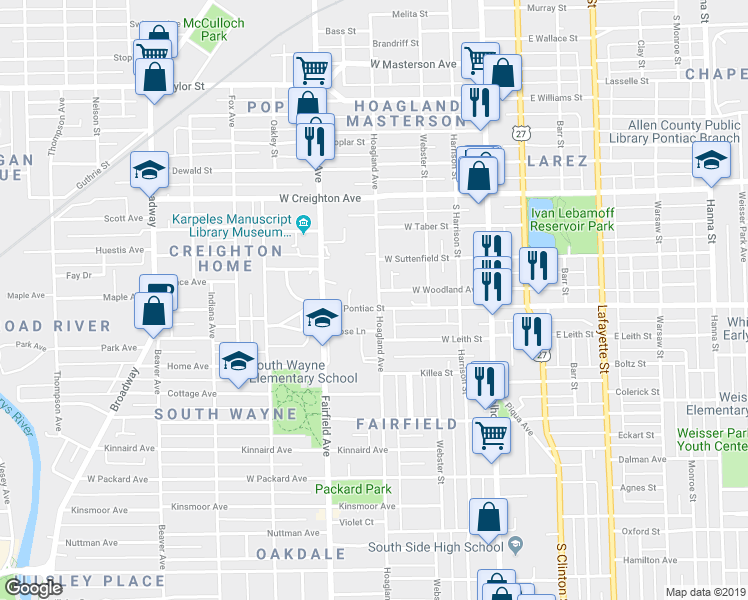 map of restaurants, bars, coffee shops, grocery stores, and more near 2610 Hoagland Avenue in Fort Wayne