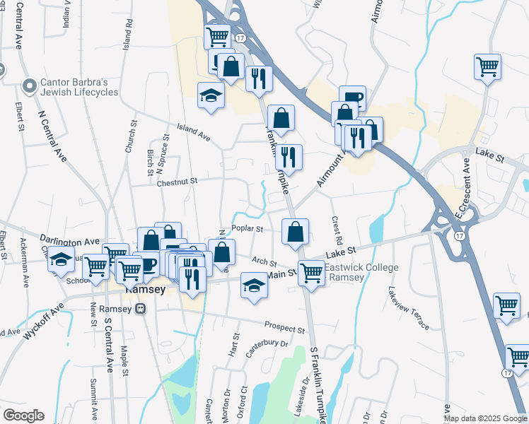 map of restaurants, bars, coffee shops, grocery stores, and more near 207 Washington Drive in Ramsey