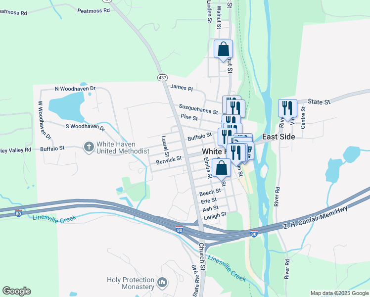 map of restaurants, bars, coffee shops, grocery stores, and more near Hemlock Street in White Haven