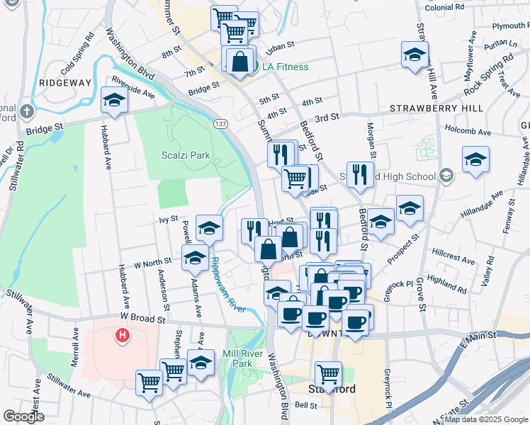 map of restaurants, bars, coffee shops, grocery stores, and more near 1611 Washington Boulevard in Stamford