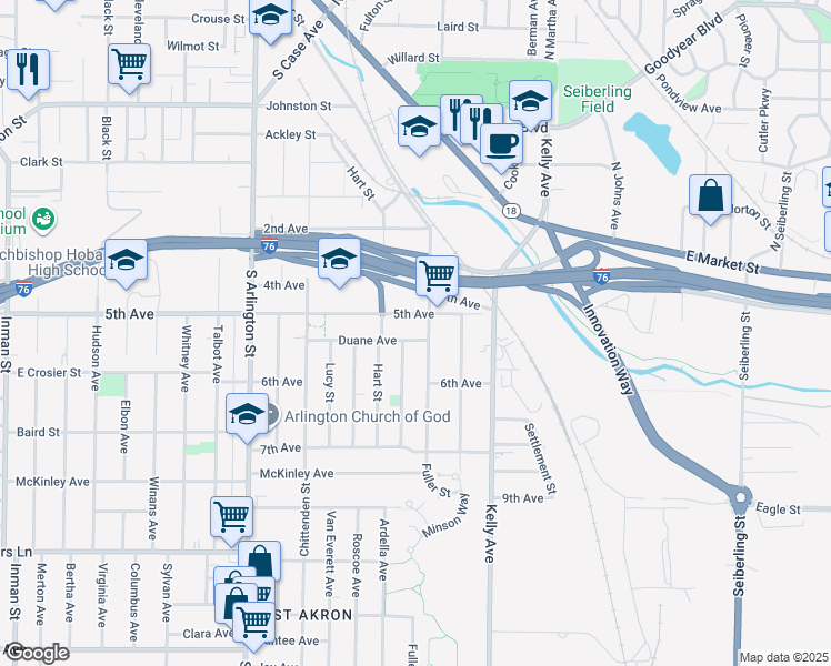 map of restaurants, bars, coffee shops, grocery stores, and more near 1265 Duane Avenue in Akron