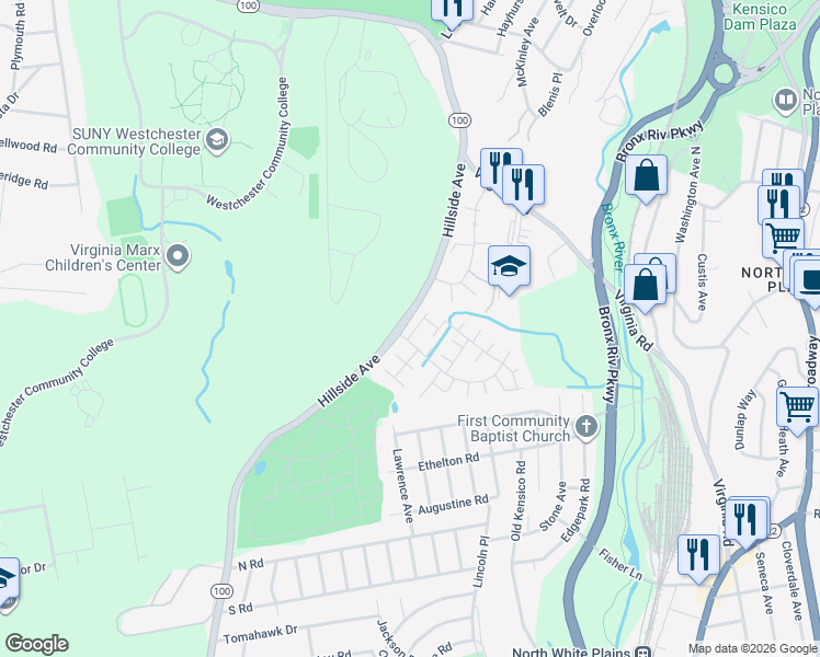 map of restaurants, bars, coffee shops, grocery stores, and more near 164 Reunion Road in White Plains