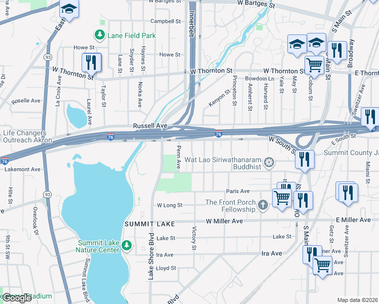 map of restaurants, bars, coffee shops, grocery stores, and more near 950 Owen Avenue in Akron