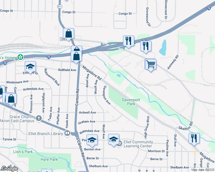 map of restaurants, bars, coffee shops, grocery stores, and more near 2646 Mogadore Rd in Akron