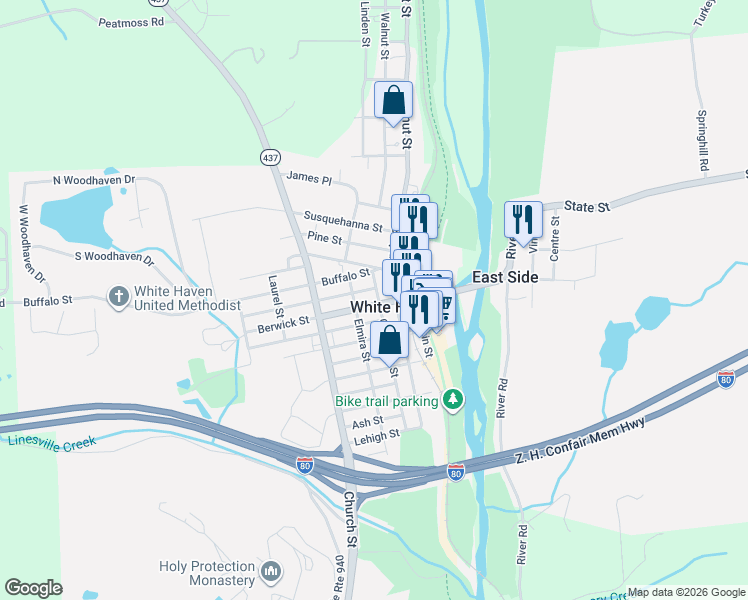 map of restaurants, bars, coffee shops, grocery stores, and more near 330 Hemlock Street in White Haven