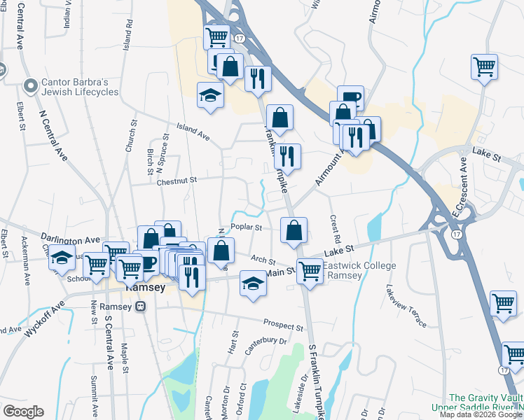 map of restaurants, bars, coffee shops, grocery stores, and more near 101 Washington Drive in Ramsey