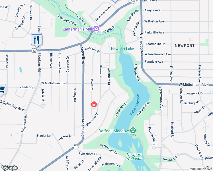map of restaurants, bars, coffee shops, grocery stores, and more near 3904 Glenmere Drive in Youngstown