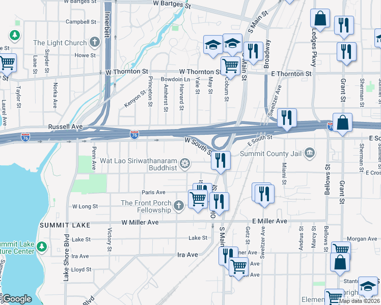 map of restaurants, bars, coffee shops, grocery stores, and more near 940 Yale Street in Akron