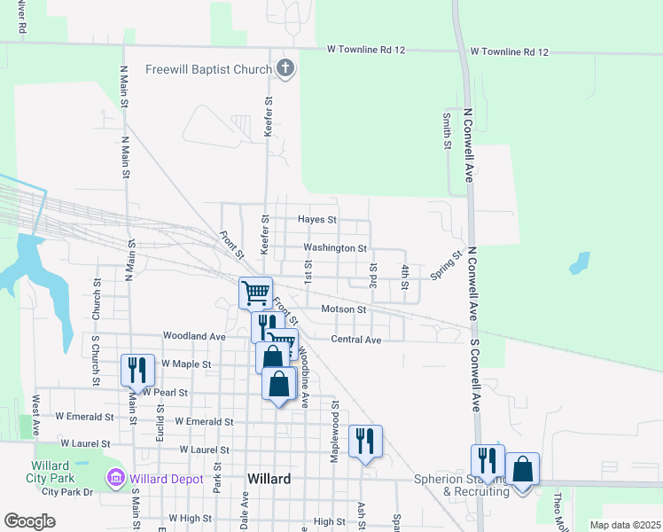 map of restaurants, bars, coffee shops, grocery stores, and more near 211 2nd Street in Willard