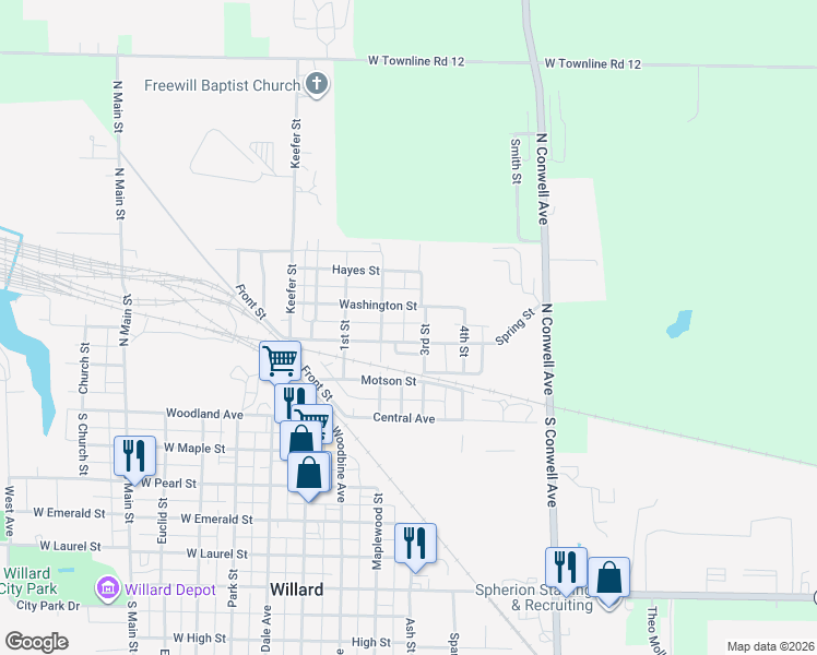 map of restaurants, bars, coffee shops, grocery stores, and more near 221 Spring Street in Willard