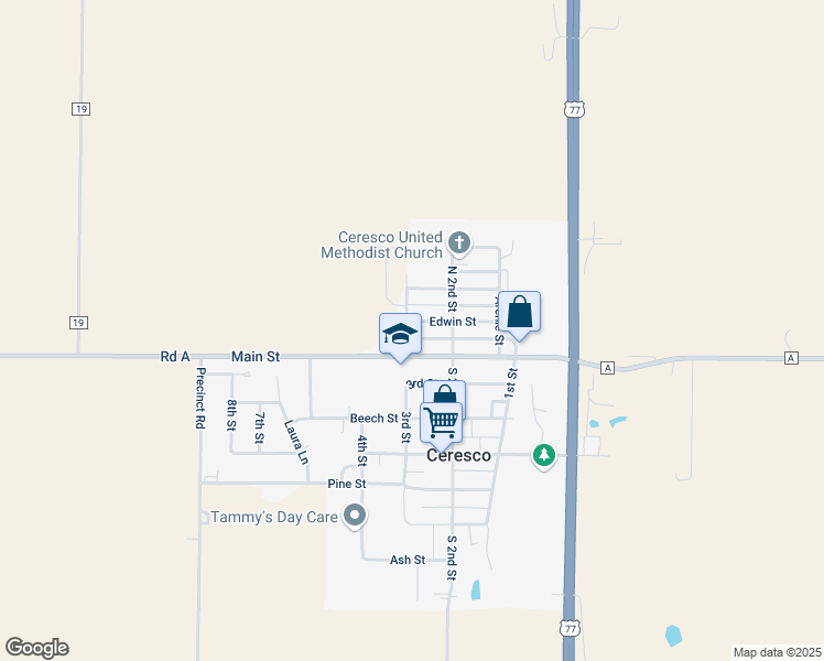 map of restaurants, bars, coffee shops, grocery stores, and more near 229 Edwin Street in Ceresco