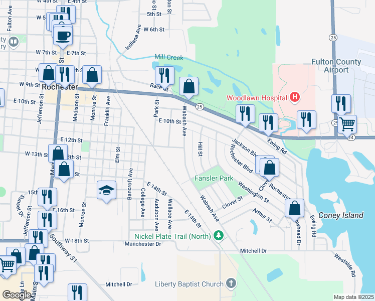 map of restaurants, bars, coffee shops, grocery stores, and more near 1201 Wabash Avenue in Rochester