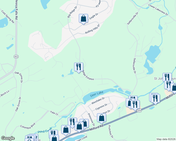 map of restaurants, bars, coffee shops, grocery stores, and more near 345 Big Ridge Estates in East Stroudsburg