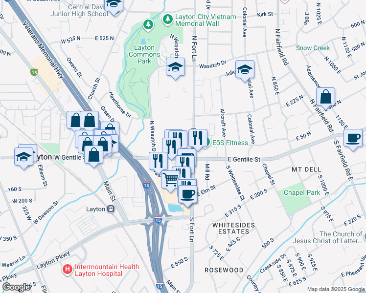 map of restaurants, bars, coffee shops, grocery stores, and more near 53 North Fort Lane in Layton