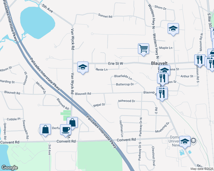 map of restaurants, bars, coffee shops, grocery stores, and more near 38 Bluefields Lane in Blauvelt