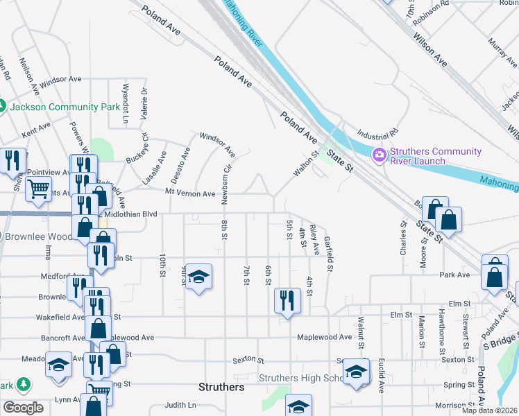 map of restaurants, bars, coffee shops, grocery stores, and more near 2760 East Midlothian Boulevard in Youngstown