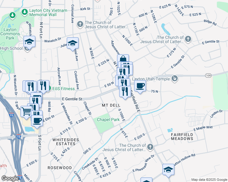 map of restaurants, bars, coffee shops, grocery stores, and more near 959 East Gentile Street in Layton