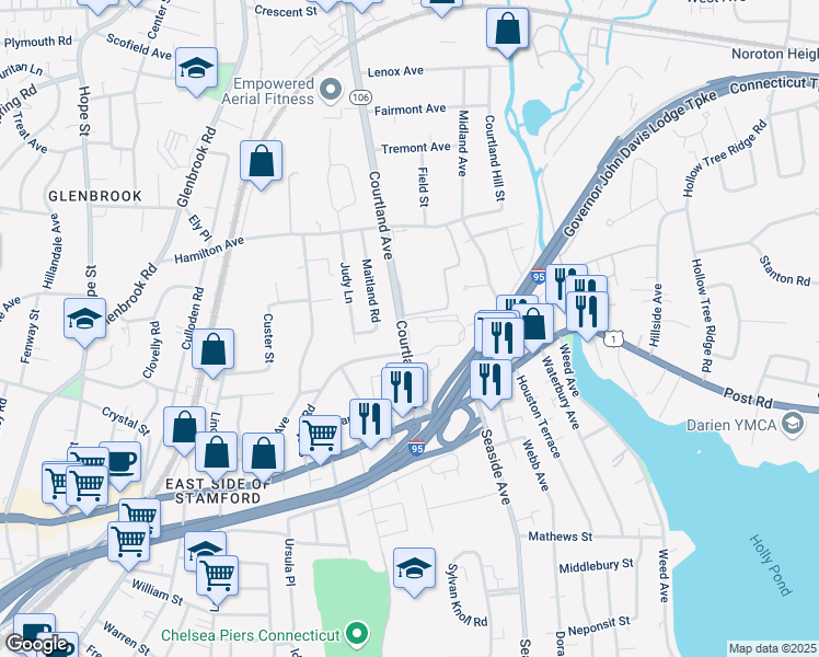 map of restaurants, bars, coffee shops, grocery stores, and more near 53 Courtland Avenue in Stamford