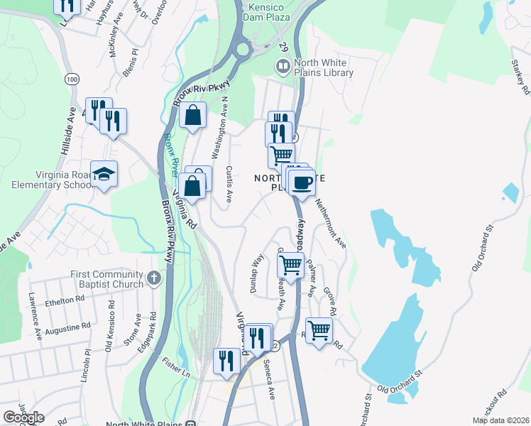 map of restaurants, bars, coffee shops, grocery stores, and more near 27 Washington Place East in White Plains