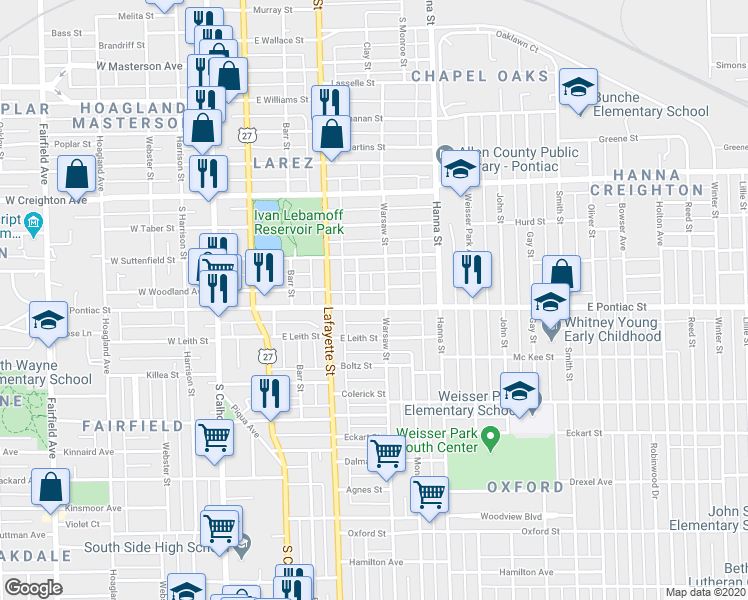 map of restaurants, bars, coffee shops, grocery stores, and more near 453 East Pontiac Street in Fort Wayne