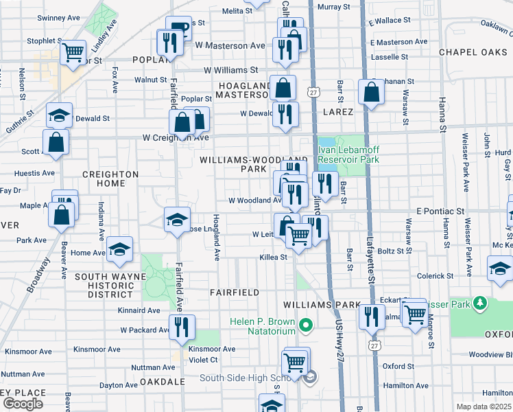 map of restaurants, bars, coffee shops, grocery stores, and more near 221 West Woodland Avenue in Fort Wayne