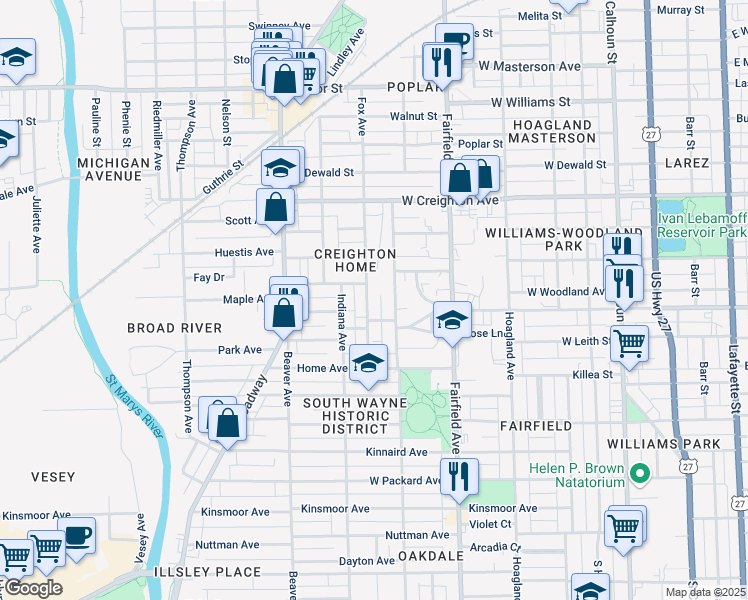 map of restaurants, bars, coffee shops, grocery stores, and more near 2614 Fox Avenue in Fort Wayne