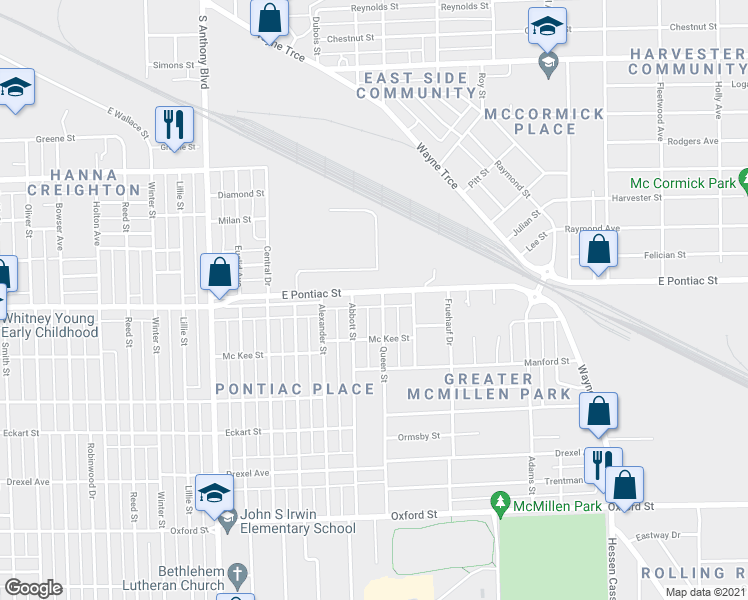 map of restaurants, bars, coffee shops, grocery stores, and more near 2330 East Pontiac Street in Fort Wayne