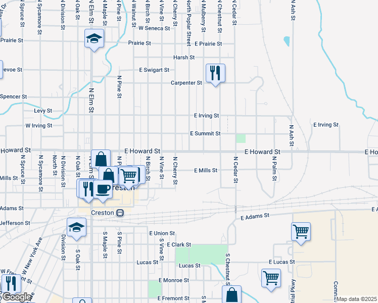 map of restaurants, bars, coffee shops, grocery stores, and more near 599 E Howard St in Creston