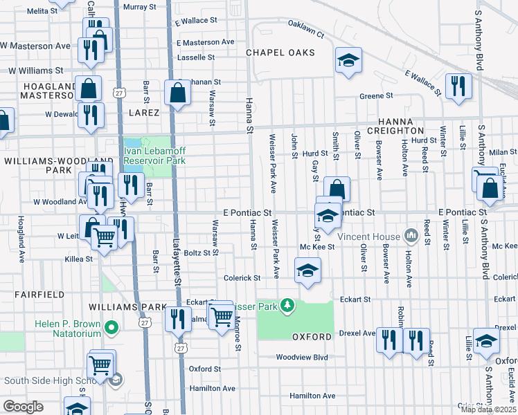 map of restaurants, bars, coffee shops, grocery stores, and more near 2617 Hanna Street in Fort Wayne