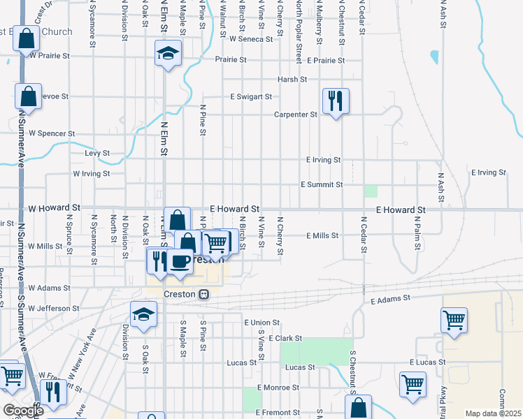 map of restaurants, bars, coffee shops, grocery stores, and more near 401 East Howard Street in Creston