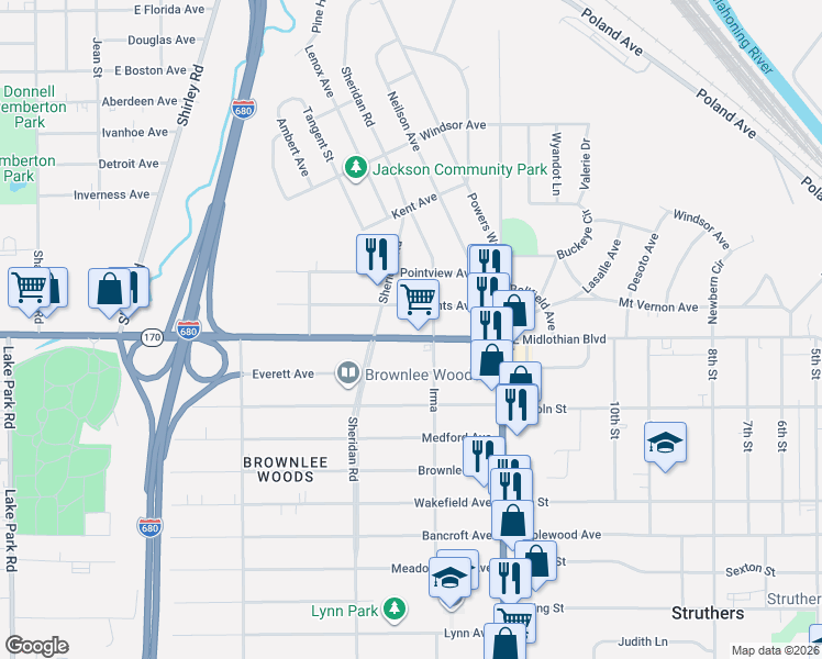 map of restaurants, bars, coffee shops, grocery stores, and more near 1942 East Midlothian Boulevard in Youngstown
