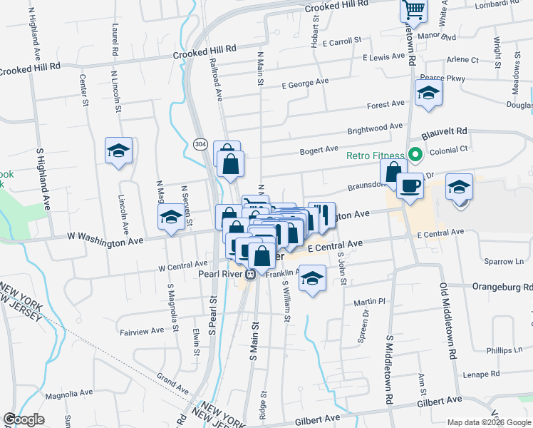 map of restaurants, bars, coffee shops, grocery stores, and more near 50 North Main Street in Pearl River