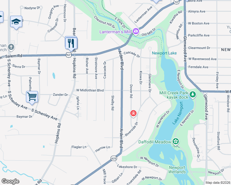 map of restaurants, bars, coffee shops, grocery stores, and more near 3905 Shelby Road in Youngstown