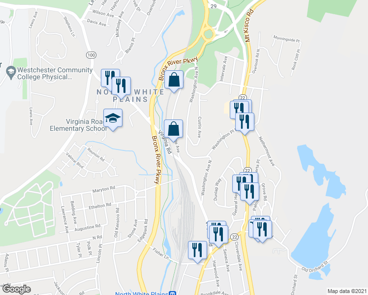 map of restaurants, bars, coffee shops, grocery stores, and more near 79 Washington Avenue North in White Plains