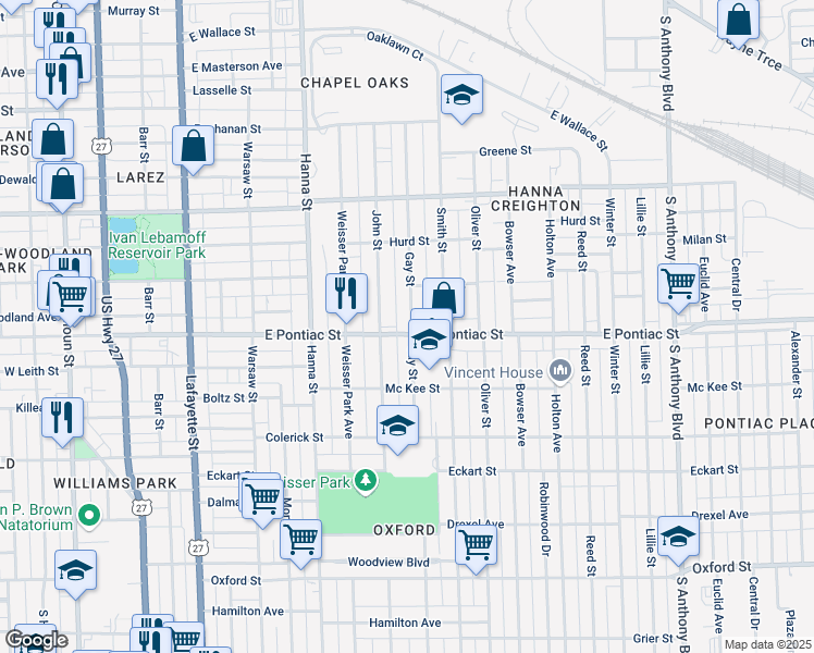 map of restaurants, bars, coffee shops, grocery stores, and more near 2612 Gay Street in Fort Wayne