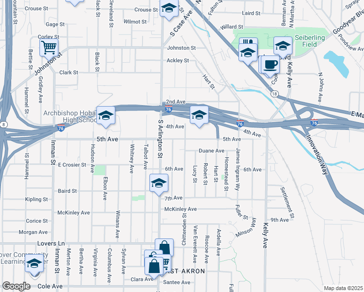 map of restaurants, bars, coffee shops, grocery stores, and more near 346 Chittenden Street in Akron