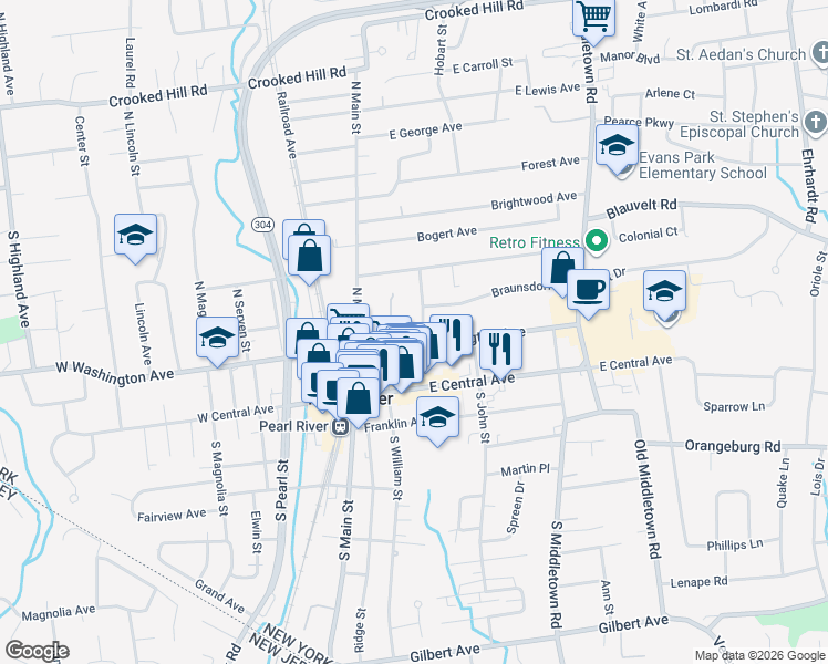 map of restaurants, bars, coffee shops, grocery stores, and more near 45 Roosevelt Street in Pearl River