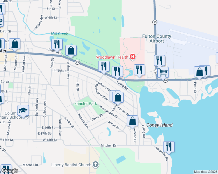 map of restaurants, bars, coffee shops, grocery stores, and more near 1200-1298 Jackson Boulevard in Rochester