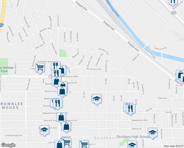 map of restaurants, bars, coffee shops, grocery stores, and more near 2524 East Midlothian Boulevard in Youngstown