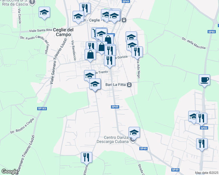 map of restaurants, bars, coffee shops, grocery stores, and more near 27 Via Antonio Losito in Bari