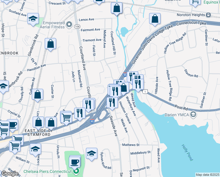 map of restaurants, bars, coffee shops, grocery stores, and more near 14 De Bera Lane in Stamford