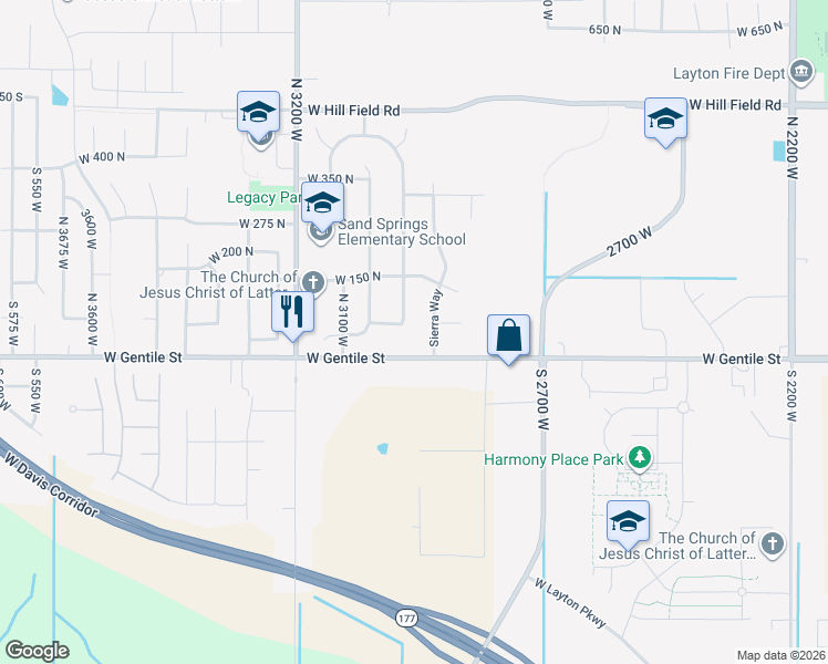 map of restaurants, bars, coffee shops, grocery stores, and more near 54 North 2975 West in Layton