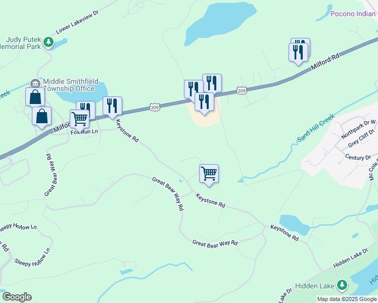 map of restaurants, bars, coffee shops, grocery stores, and more near Courtney Drive in East Stroudsburg