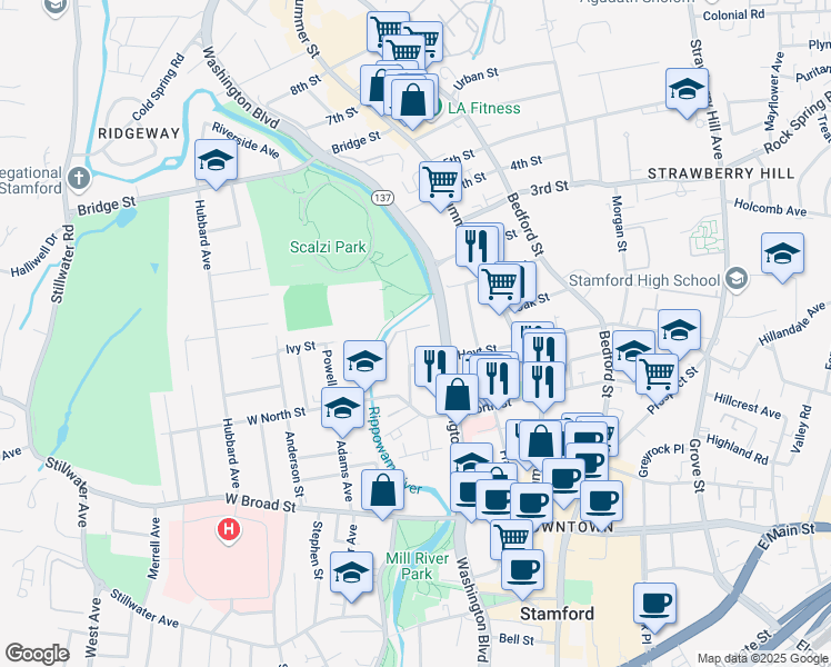 map of restaurants, bars, coffee shops, grocery stores, and more near 21 Court Street in Stamford