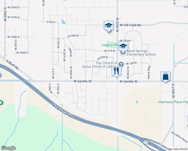 map of restaurants, bars, coffee shops, grocery stores, and more near 3407 West 75 North in Layton