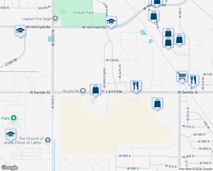 map of restaurants, bars, coffee shops, grocery stores, and more near 52 Swift Creek Drive in Layton
