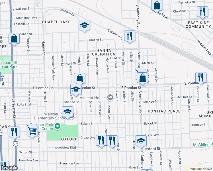 map of restaurants, bars, coffee shops, grocery stores, and more near 1331 East Pontiac Street in Fort Wayne