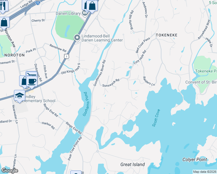 map of restaurants, bars, coffee shops, grocery stores, and more near 15 Sunswyck Road in Darien