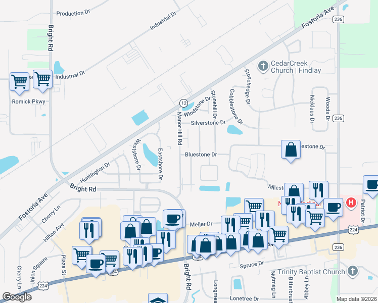 map of restaurants, bars, coffee shops, grocery stores, and more near 2014 Bluestone Drive in Findlay